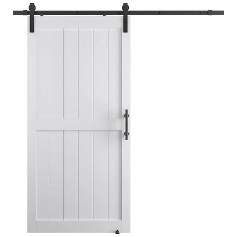 Smooth Sliding Barn Door Hardware Kit 40X84 Inch Rustic Wood Panel Room Divider with white door and black track system.