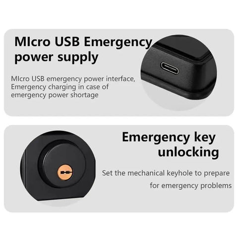 Micro USB emergency power supply and mechanical keyhole for Solid As A Rock Waterproof Smart Deadbolt Lock For Home Featuring Biometric Fingerprint Scan And Digital Keypad Plus Straight Up Easy App History For Stress Free Front Door Access.