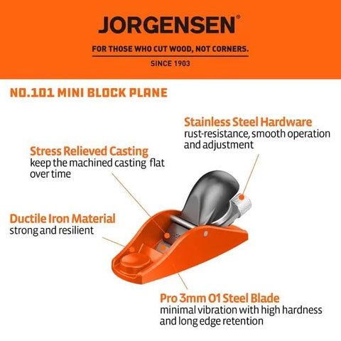 Front view of JORGENSEN No.101 mini block plane with orange ductile iron body and stainless steel hardware