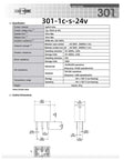 Specifications and dimensions sheet for 301-1C-S-24V automotive relay.