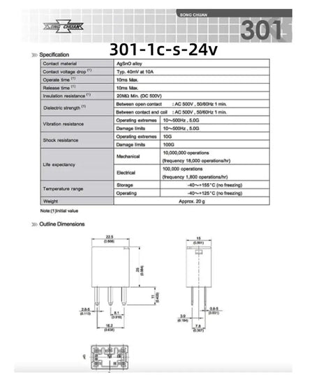 Specifications and dimensions sheet for 301-1C-S-24V automotive relay.