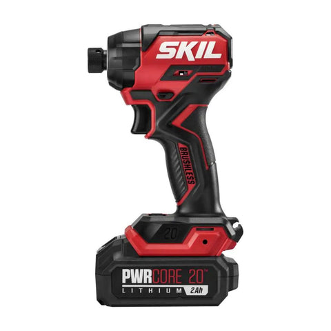 Rock Solid Brushless 20 Volt Compact Impact Driver Kit with 2Ah battery, lightweight design, for tight spaces and assembly tasks.