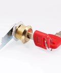 Cam Lock For Drawer And Cabinet Hardware, 6 Color Variants, 16mm Gold Latch Lock For Locker with red key inserted