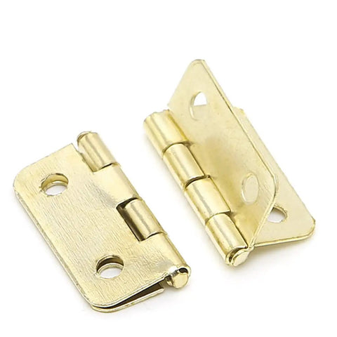 Solid 100 Piece Set Of Four Hole Gold Cabinet Door Hinges For Drawers Closets And Cupboards Slick Pivoting Leaves close up.
