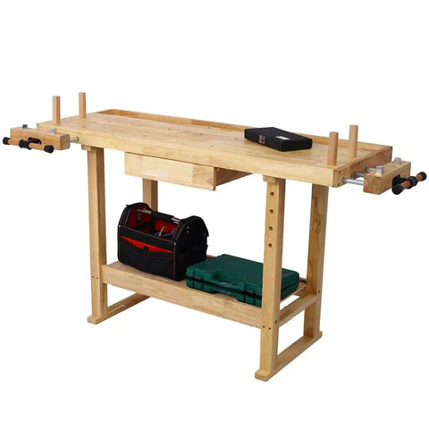 60 Inch Solid Rubber Wood Workbench With Drawer, Storage Shelf And Adjustable Handles, Beefy 330 Lbs Capacity Garage Workshop Tool Bench