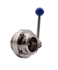 Sanitary butterfly valve with pull handle and blue knob, stainless steel 304, tri-clamp ends, 1.5-inch tube OD.