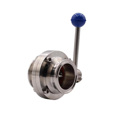 Sanitary butterfly valve with pull handle and blue knob, stainless steel 304, tri-clamp ends, 1.5-inch tube OD.