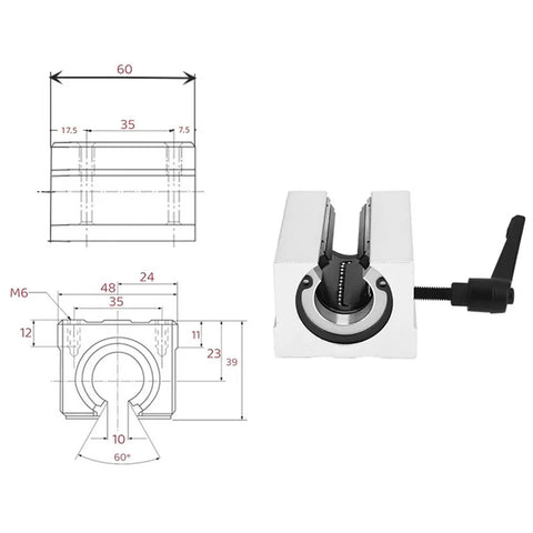 Diagram and close-up of Pro Grade Ultra Smooth And Quiet Linear Guide Set showing dimensions and block with SBR lock type rail.