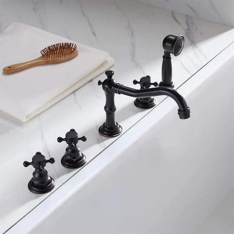 Five Hole Roman Tub Faucet With Hand Shower And Triple Cross Handles In Antique Black for classic retro style bathroom