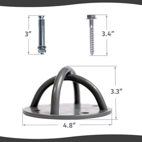 Beefy Industrial Strength Ceiling Hooks Set With Anchors And Bolts Holds Up To 600 Lbs, dimensions shown, ideal for gym use