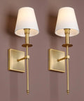 Boho Industrial Wall Sconce Set Of 2 With Brass Antique Finish And Champagne Fabric Shade Vintage Hardwired Lighting