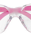Front view of Clear Lens Pink Safety Glasses Pack Of 12 Pairs with polycarbonate impact resistant lenses and wraparound frame.