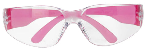 Front view of Clear Lens Pink Safety Glasses Pack Of 12 Pairs with polycarbonate impact resistant lenses and wraparound frame.
