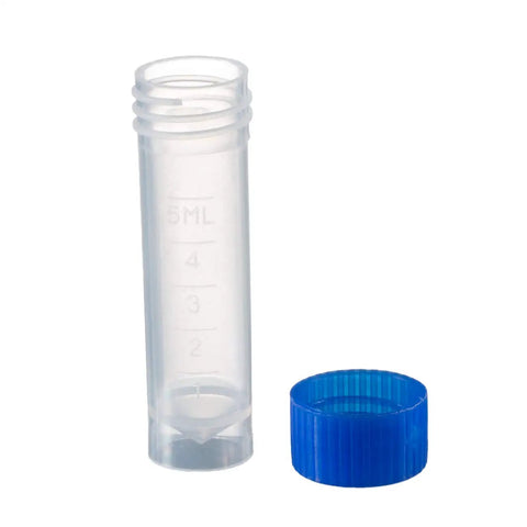 Set Of 50 Clear 5ml Plastic Vials With Graduated Measurements Blue Screw Caps See Through Body And Easy Snap On For Grab And Go Sampling Of Liquids Powders And Small Solids In Labs Crafters Or Field Work clear 5ml vial and blue screw cap