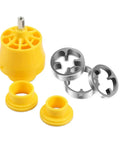Heavy Duty PVC Thread Maker Kit With Electric Drill Adapter includes yellow plastic base and three steel cutting dies for plumbing.