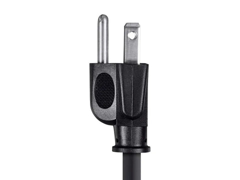 Close-up of the plug end of a 6Ft 16AWG Power Extension Cord Cable SJT 16/3C NEMA 5 15P To NEMA 5 15R 13A 125V Black