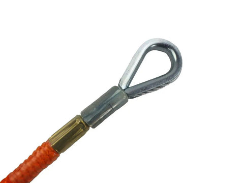 Close-up of connector on High Visibility Flip Line Kit For Tree Climbing Five Eighth Inch By Twelve Foot Neon Orange