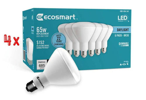 Daylight LED BR30 Dimmable Flood Bulb for Home and Outdoors 65W Replacement, 9.5W LED, 685 Lumens, 6-pack box with bulb