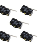 Pack of five Tough Little Micro Limit Switch LXW5 11N1 1NO 1NC with long lever arm, SPDT snap action, IP62 dustproof for machinery.