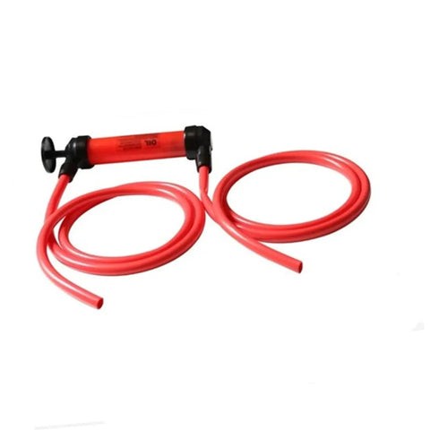 Liquid Transfer Hand Pump Siphon For Emergency Vehicle Use Portable Extractor For Boats ATVs Lawn Equipment And More Easy Manual Operation For Quick Fuel And Fluid Transfer, red plastic hand pump with 2 hoses