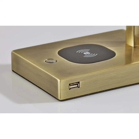 Aidan LED Wireless Charging Desk Lamp With Built In 5W Qi Pad, brass base close-up with USB port, industrial modern style