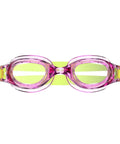 Sick Anti Fog Swim Goggles For Kids Boasting A Dope Bright Pink Frame Plus Knockout Leak Proof Seals And UV Blockers Designed For Epic Weekend Splash Sessions - front view with yellow strap.