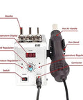 Hot Air Soldering Gun 858D 700W with adjustable airflow and temperature, features LCD display and gun stand