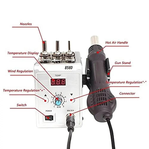 Hot Air Soldering Gun 858D 700W with adjustable airflow and temperature, features LCD display and gun stand