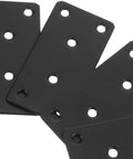Close-up of six stainless steel mending plates with holes 3.94 x 1.97 inches flat brackets for metal and wood furniture repair