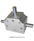 Compact Heavy Duty Right Angle Gearbox Featuring Three Output Shafts For Smooth Low Noise Power Transfer Under Two Thousand Rpm Workshop Builds, solid steel construction, 2.2x1.5x1.2 in size.
