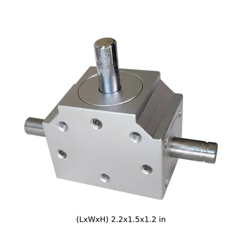Compact Heavy Duty Right Angle Gearbox Featuring Three Output Shafts For Smooth Low Noise Power Transfer Under Two Thousand Rpm Workshop Builds, solid steel construction, 2.2x1.5x1.2 in size.