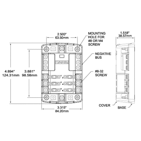 Technical diagram of Model 5025 ST Six Way Blade Fuse Block With Negative Bus And Cover 100 Amp Marine Electrical Panel For Boats