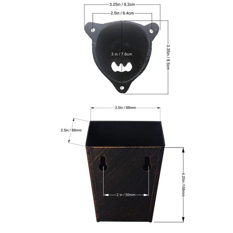 Rugged Cast Iron Bear Head Wall Mounted Bottle Opener With Antique Copper Screws And Built In Cap Catcher dimensions and design layout.