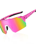 Polarized Sports Sunglasses With UV 400 Protection For Women And Men, Ultra Lightweight Frameless Running Glasses For Cycling Biking Hiking Golf And Fishing In Pink With All Day Comfort, angled view in pink with rainbow lenses
