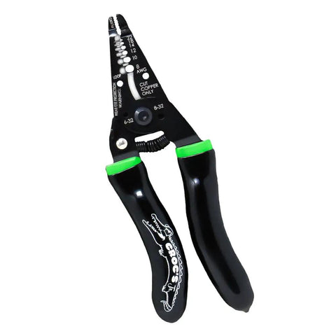 Needle Nose Wire Strippers for Electricians Pro Grade Crimping and Stripping Tool AWG 8-22 with Glow In The Dark Ergonomic Handles and Insulation Cutter 47002, showing tool with black and green handles