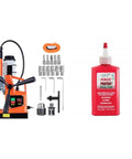 No Sweat Portable Magnetic Drill Press Loaded With A Muscle Bound 1300W Copper Motor And Rock Hard 2922 Lbf Base with tools and coolant.