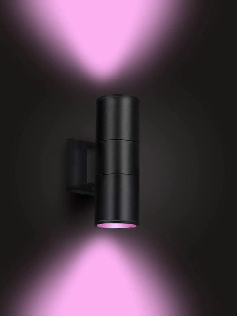 Exterior Double Up Down Outdoor Wall Lights With Remote Control, RGB Color Changing Smart LED Cylinder illuminating pink light
