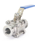 Side view of QiiMii KF-25 stainless steel vacuum ball valve with locking device and blue lever