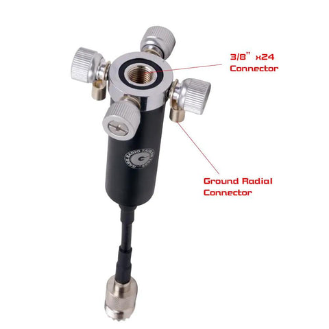 Replacement Adapter Sleeve For 3 8 24 To SO239 showing 3/8-24 connector and ground radial connector details