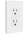 Five Pack Decorator Wall Outlet With 15 Amp Receptacle And Screwless Wall Plate featuring a glossy white finish, installed against a wall.