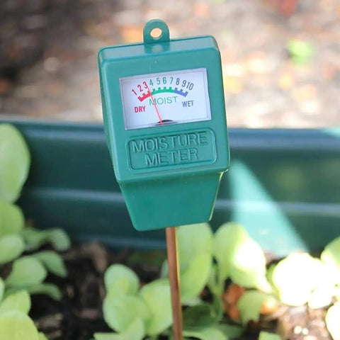 Soil Moisture Meter For Indoor And Outdoor Plants inserted in soil, showing moisture levels, no battery needed, easy to use