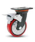 Hard As Nails Heavy Duty 8 Inch Industrial Caster Wheels With Red Swivel Polyurethane Treads and Solid Iron Core for Rough Work and 1760 Pound Capacity Without Floor Scuffs.