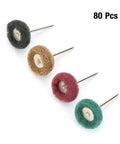 80 Pcs Premium Abrasive Wheel Brush Polishing Buffing Kit with four colored pads for grinding wood, metal, and aluminum.