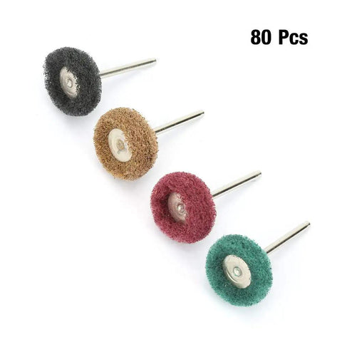 80 Pcs Premium Abrasive Wheel Brush Polishing Buffing Kit with four colored pads for grinding wood, metal, and aluminum.