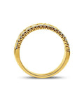 Hella Solid 14K Yellow Gold Wedding Band Ring With One Point Zero Ctw Five Round Diamonds Set In The Real Deal Three Row Stackable Design For Anniversaries, side view showing diamond details.
