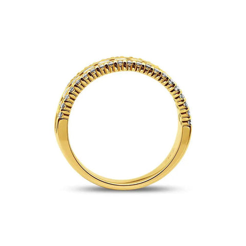 Hella Solid 14K Yellow Gold Wedding Band Ring With One Point Zero Ctw Five Round Diamonds Set In The Real Deal Three Row Stackable Design For Anniversaries, side view showing diamond details.