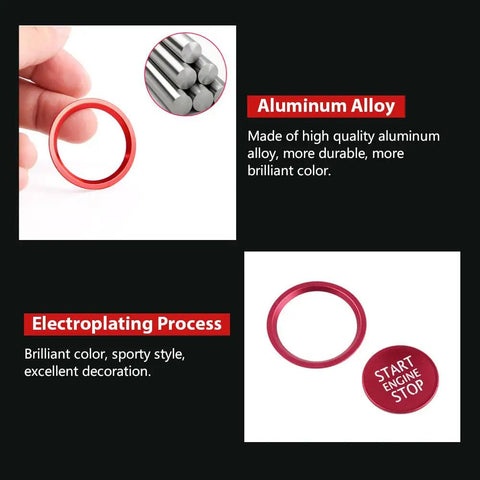 Audi Slick Red Engine Start Button Cover Stickers showing aluminum alloy material, electroplating process, and sporty decoration.