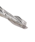 Close-up of a silver carbide CNC router bit with 1/8 in shank and 1/16 in cutting diameter, two-flute upcut end mill