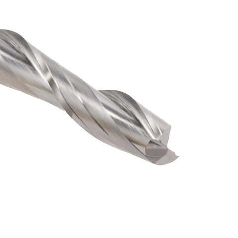 Close-up of a silver carbide CNC router bit with 1/8 in shank and 1/16 in cutting diameter, two-flute upcut end mill