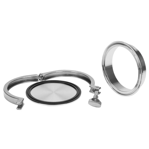 Front view of DERNORD 4-inch stainless steel sanitary pipe fittings set with tri-clamp band, FKM gasket, and end cap